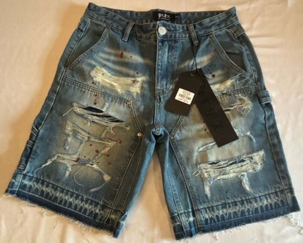 PLTX Gianni142 Blue Wash Distressed Paint Splatter Denim Carpenter Shorts Size 3